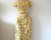 1950s Day Dress / Floral & Fruit Print Cotton Sheath / Vintage NOS