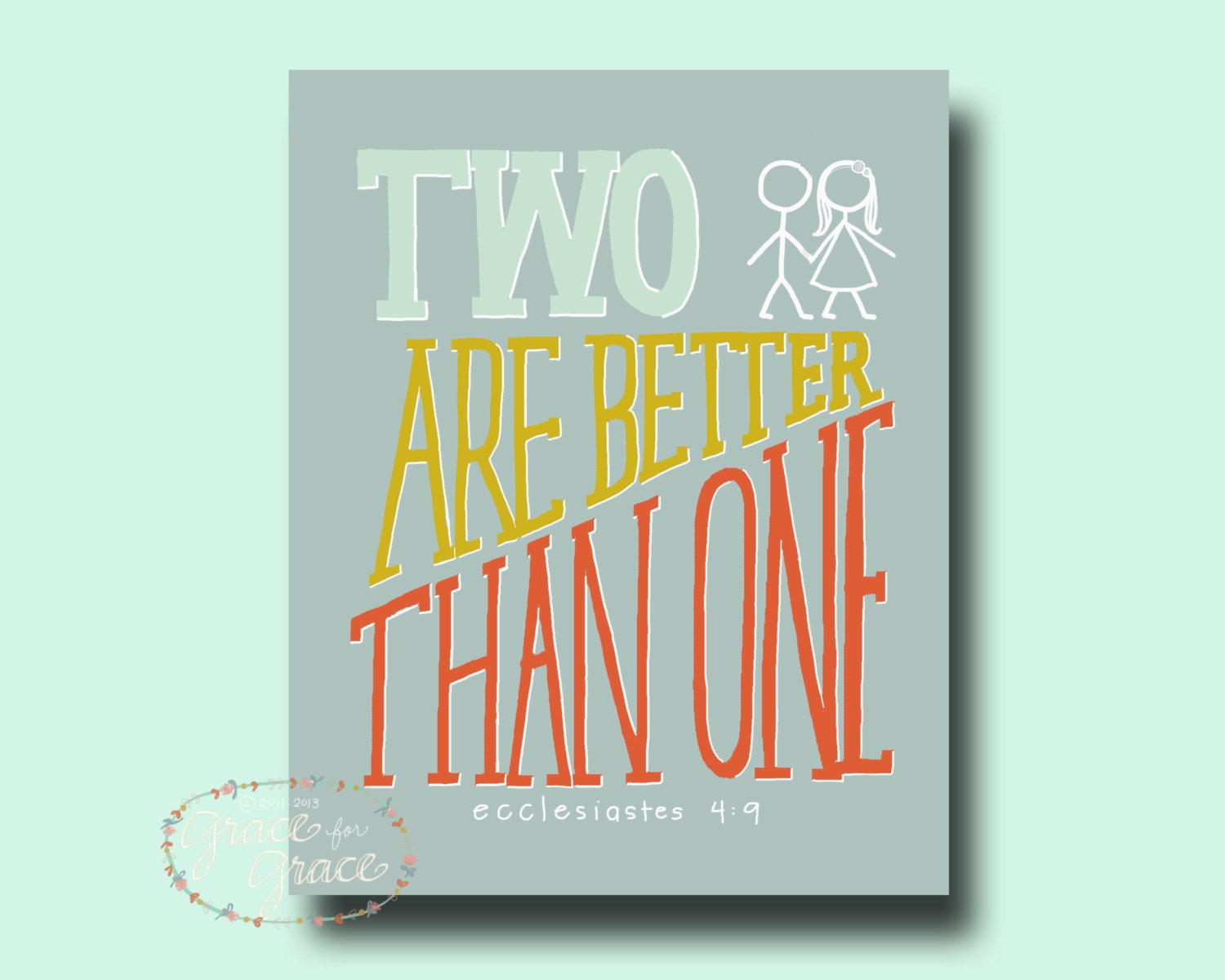 8x10 Giclee Print- Twins- Siblings- Two Are Better Than One- Hand Typography - Blue, Mint, Mustard, Red