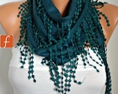 Green Scarf Women Pashmina Scarf - Cotton Scarf - - Cowl with Lace Edge - fatwoman