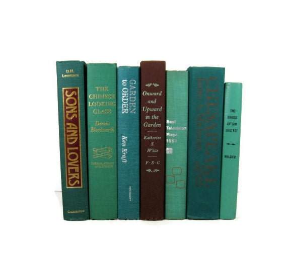 Turquoise Emerald Green Brown Vintage Decorative Books for Wedding Decor and Photo Prop