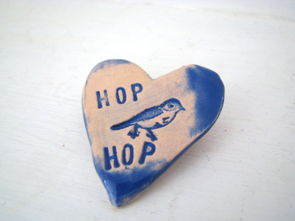 Hop Hop Birdie heart brooch / pin / button / badge. Ceramic. Made in Wales, UK