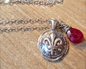Silver Fleur de Lis Wax Seal Wire Wrapped Ruby Necklace, Antique Eco Friendly Necklace Fashion Accessory, July Birthstone Gift