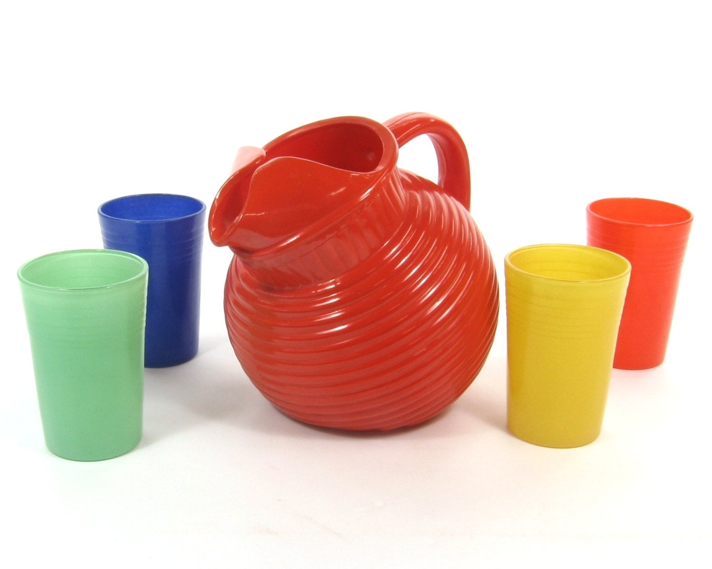 Vintage Painted Glass Red / Orange Small Ball Pitcher with  Rainbow Juice Glasses Set of Four Anchor Hocking