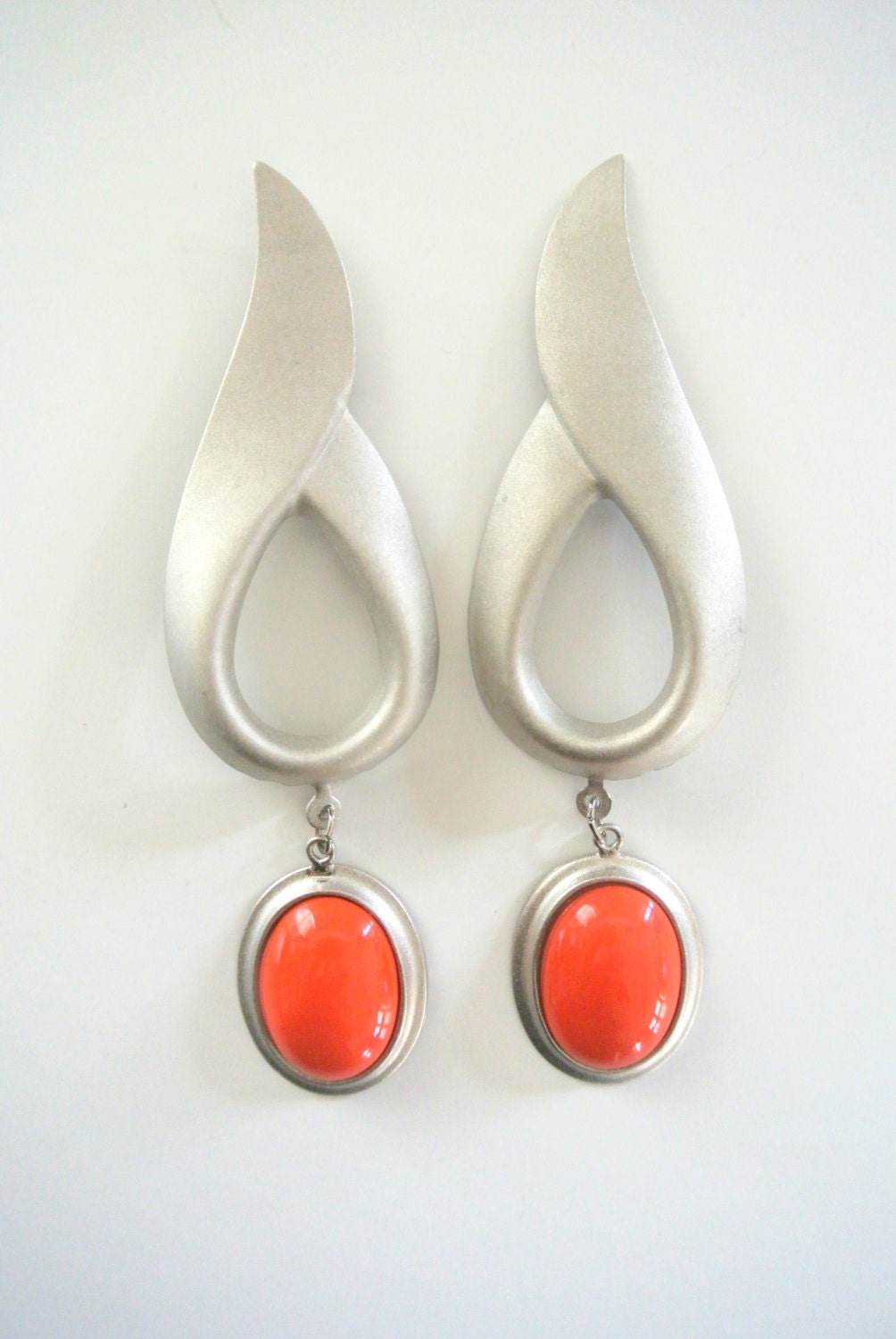 Vintage Silvertone And Coral Red Earrings