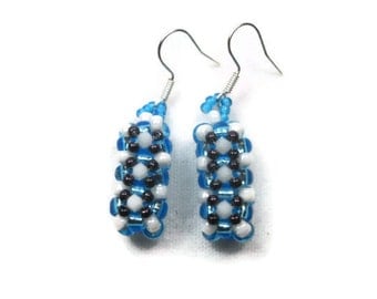 Blue Cube Seed Bead Earrings