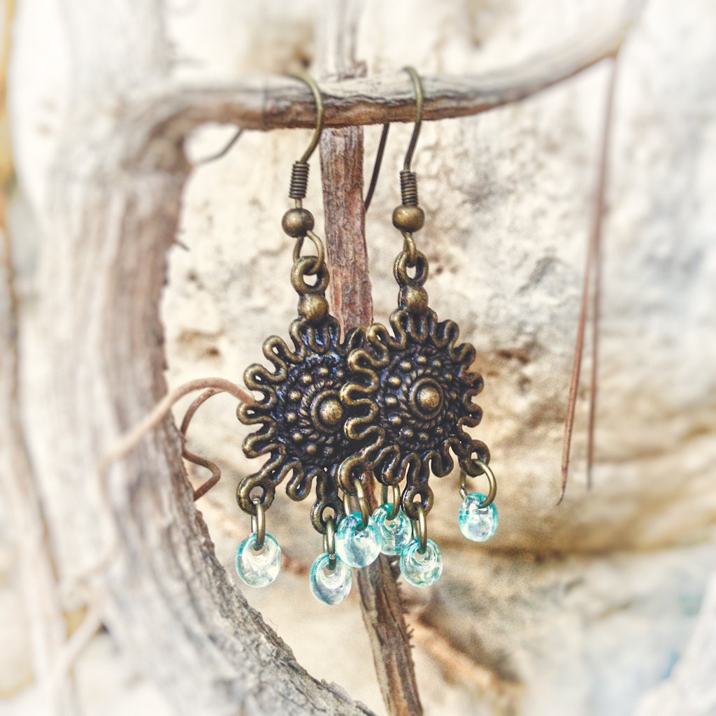 Tribal shield aqua blue drops chandelier earrings. Beaded dangle ethnic jewelry.