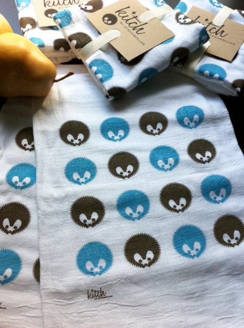 Hedgehog Flour Sack TeaTowel Hand Screen Printed Dish Cloth Woodland Kitsch Sky Blue and Taupe