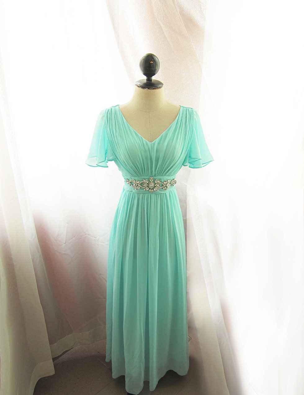 Breakfast at Tiffany's Soft Seafoam Blue Minty Green Jane Austen Alice in Wonderland Flowy Angel Marie Antoinette Vintage Embellished Gown