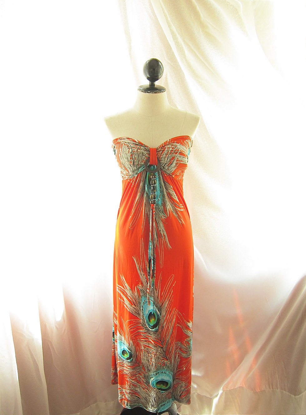 Exotic Beaded Two Way Mandarin Orange Peacock Feathers Indie Summer Vacation Hippie Gypsy Peasant Happy Bohemian Long Maxi Dress