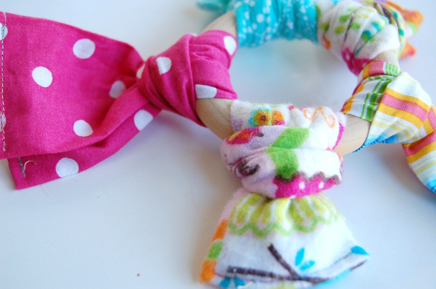 Waldorf-Baby-TeethingToy-Wood Toy- BITE ME- HAPPY  Wood n Fabric Ring Baby Teething Relief Toy