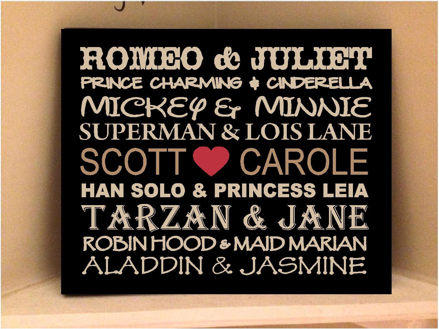 Personalized wooden sign with vinyl Famous couples and your names...subway art
