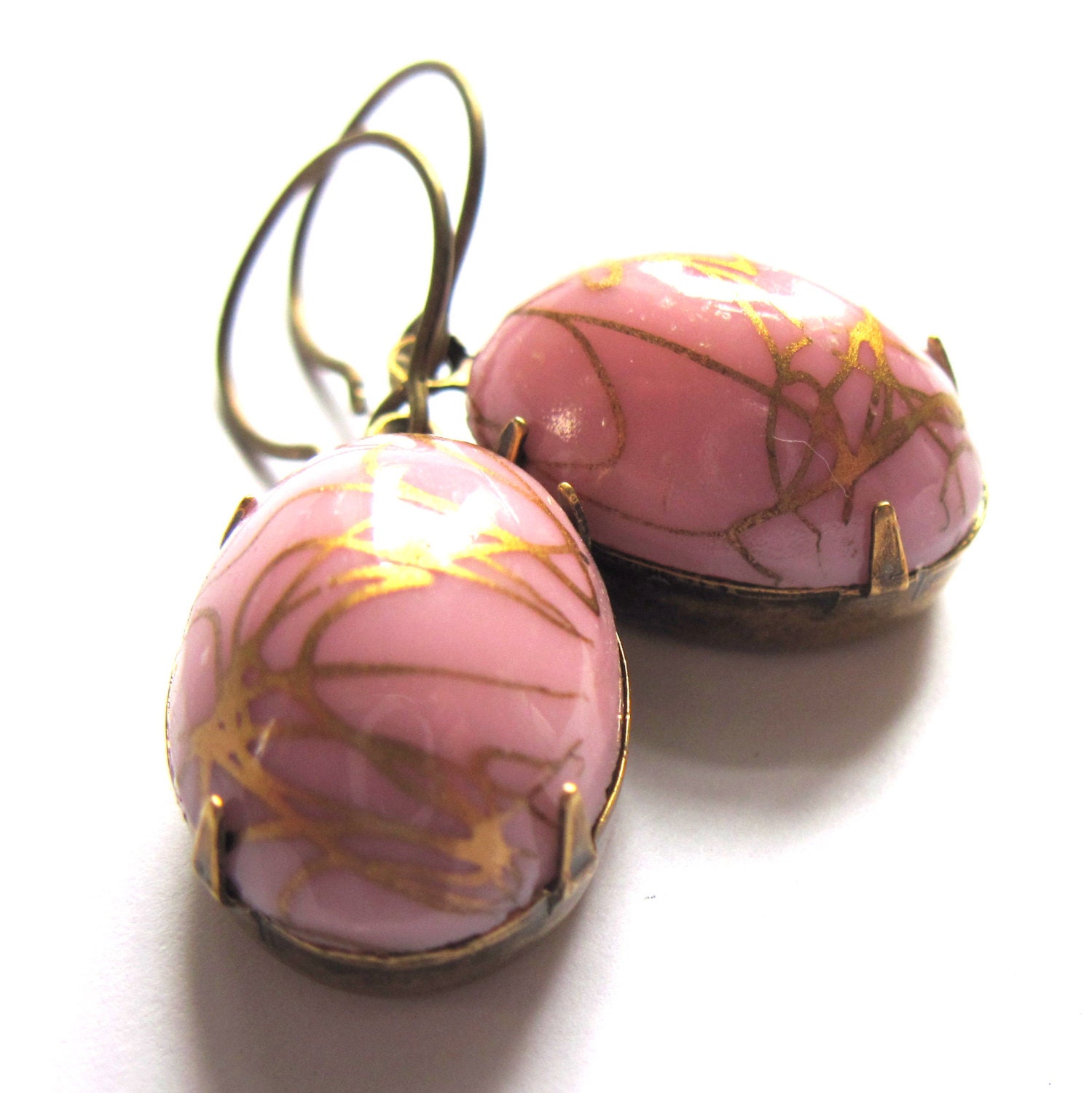 Pink Glass Oval Domed Claw Set Vintage Style Earrings