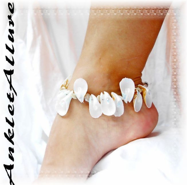 Beach Gypsy Island Frill Shell Anklet Blue Natural Curl Blue White Ankle Bracelet