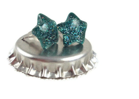 Teal Nail Polish Earrings, Holographic Glitter Sparkle Stars, Nautical Glitter Nail Polish Jewelry. ARIEL - Unrepeatables