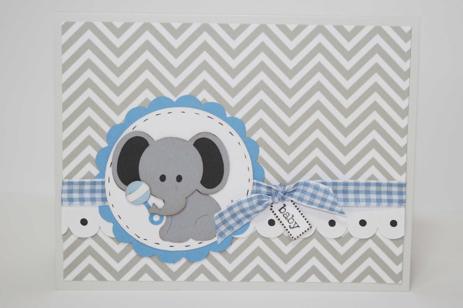 Baby card with Elephant - Baby boy card - Chevron and Elephant in blues and grays
