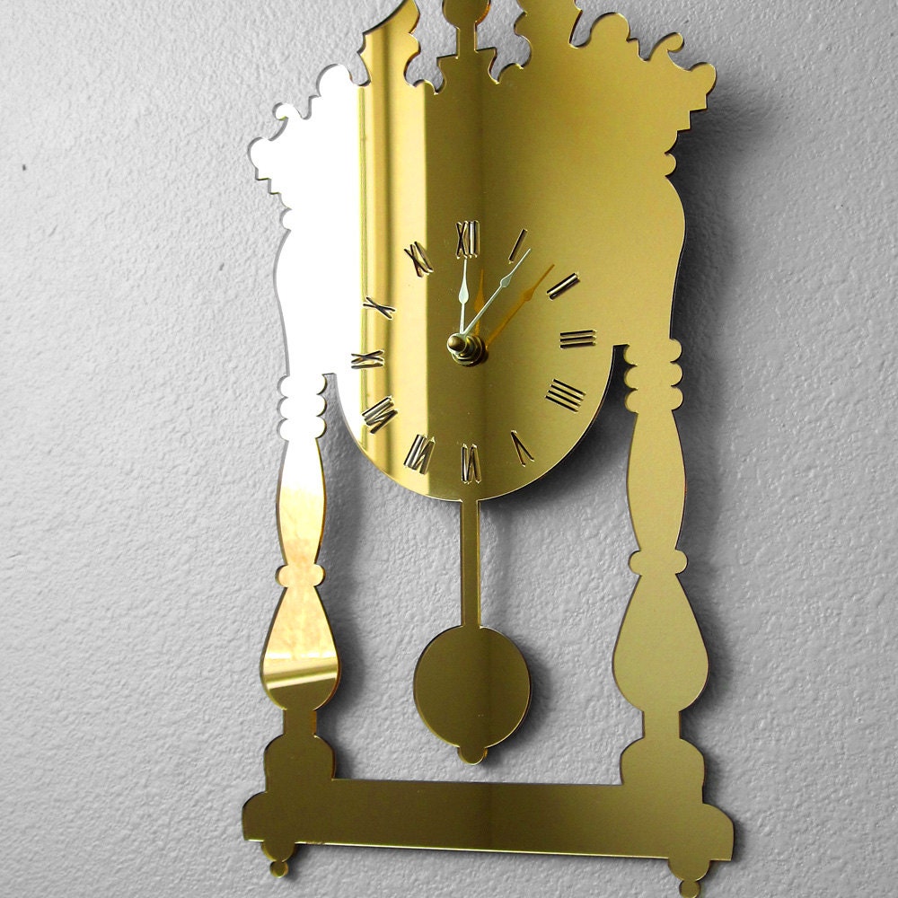 Gold Mirror Pendulum Silhouette Wall Clock - Laser Cut Acrylic Perspex Hanging Decor