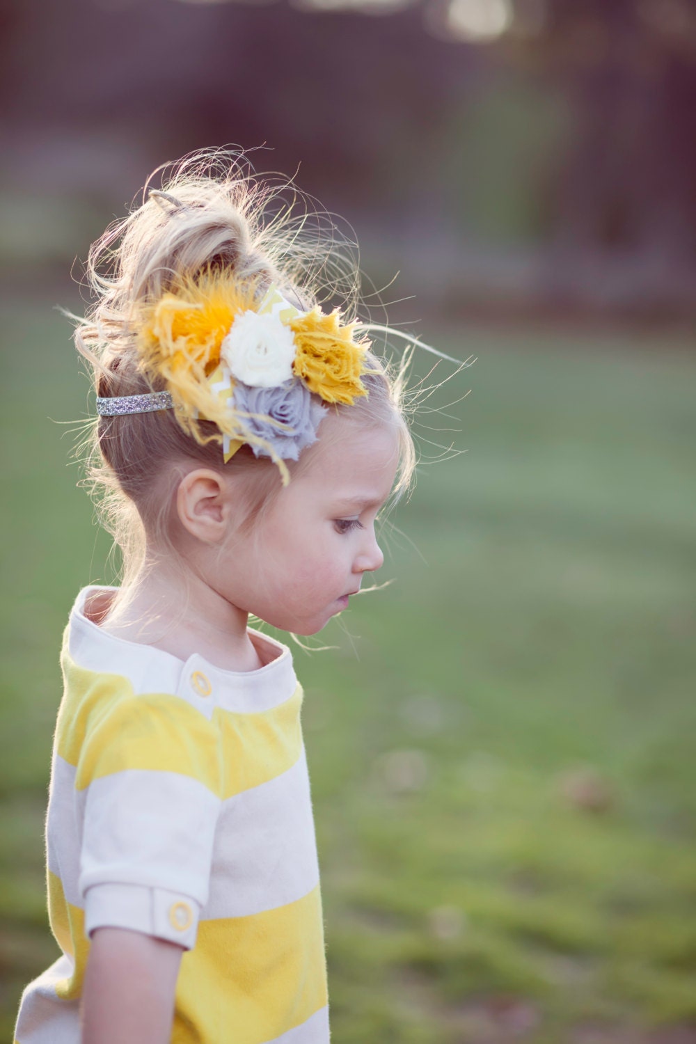 Yellow and grey chevron baby headband- chevron baby bow