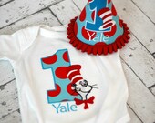 Cat in the Hat Dr Seuss Birthday T-Shirt Onesie Bodysuit and Party Hat  - Free Personalization