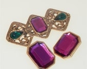 Vintage 1980s Brooch and Earrings Set Purple and Green