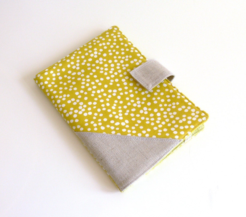 Tablet Cover -- Chartreuse Dots with Linen -- Fits iPad Mini or Kindle Fire HD -- Ready to ship