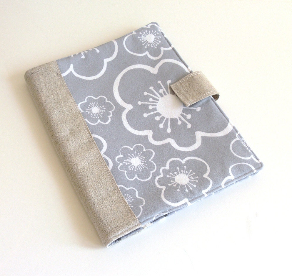Tablet Cover -- White Flowers on Grey with Linen -- fits iPad, ready to ship