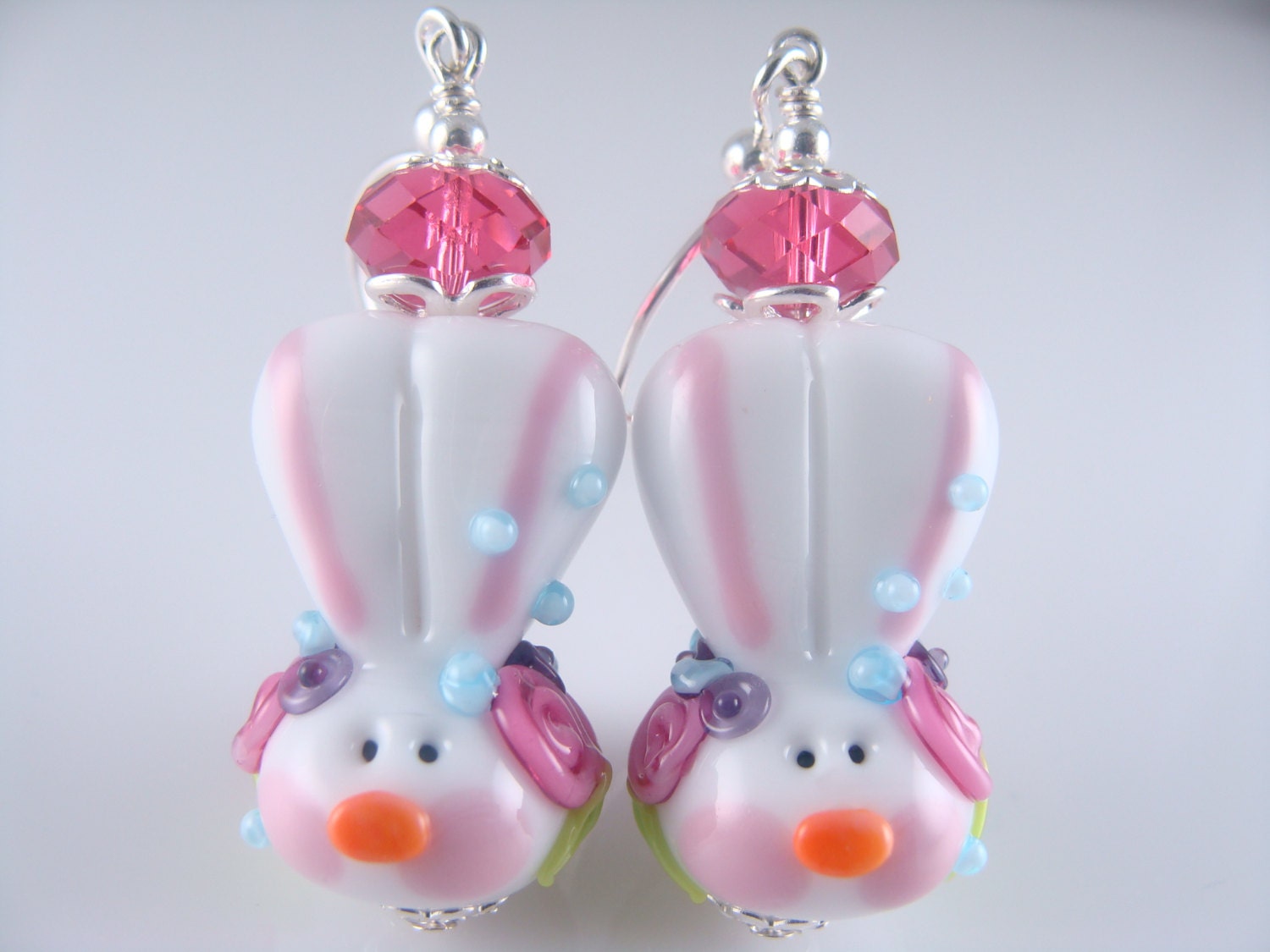 Easter Earrings, Lampwork Earrings, White Bunny Rabbit Earrings, Glass Bead Earrings, Beadwork Earrings, Lampwork Jewelry
