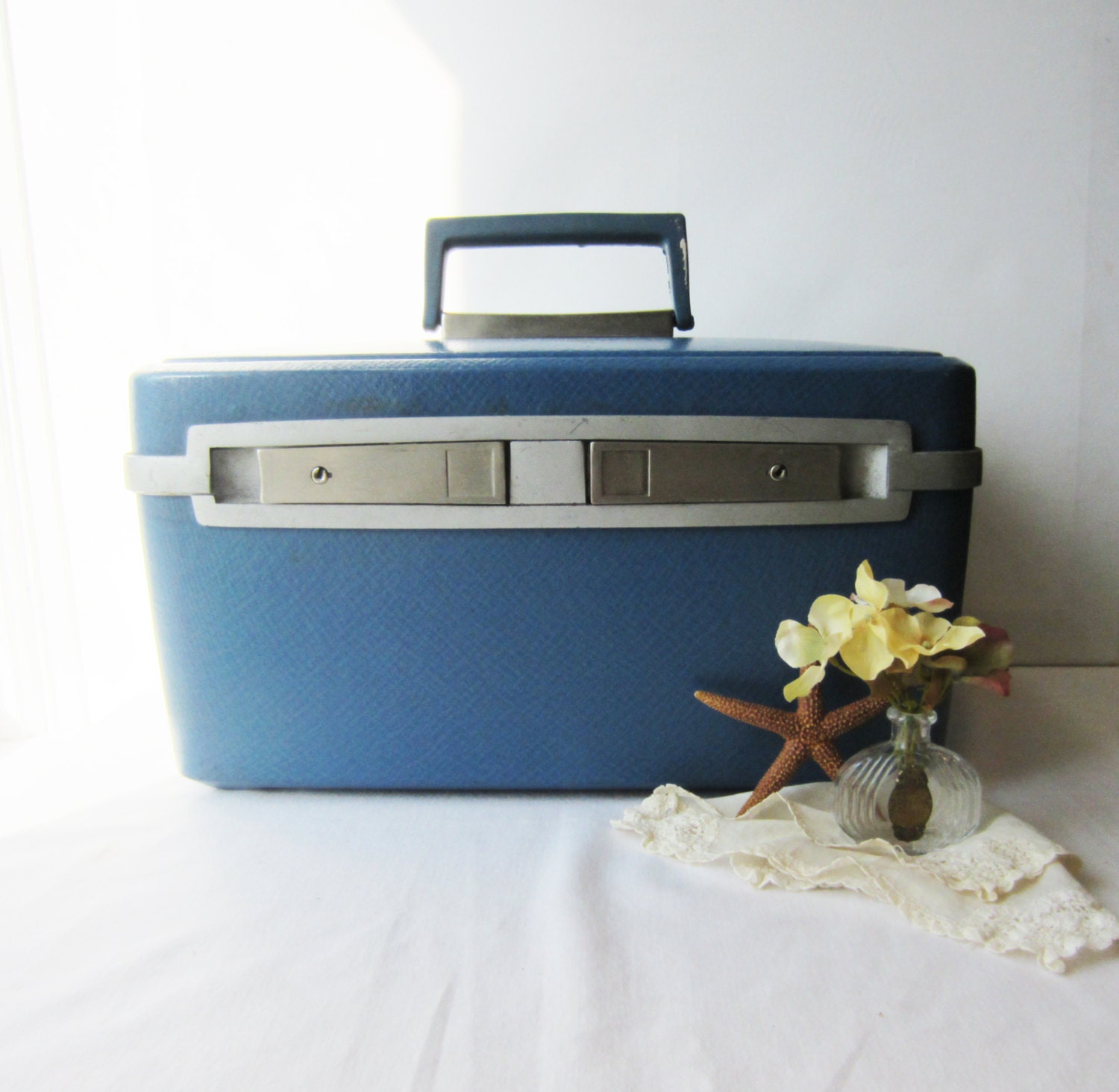 Vintage Train Case - Blue Samsonite Sentry with Green & Blue Floral Interior- For your travels (or) great storage for crafts or cosmetics