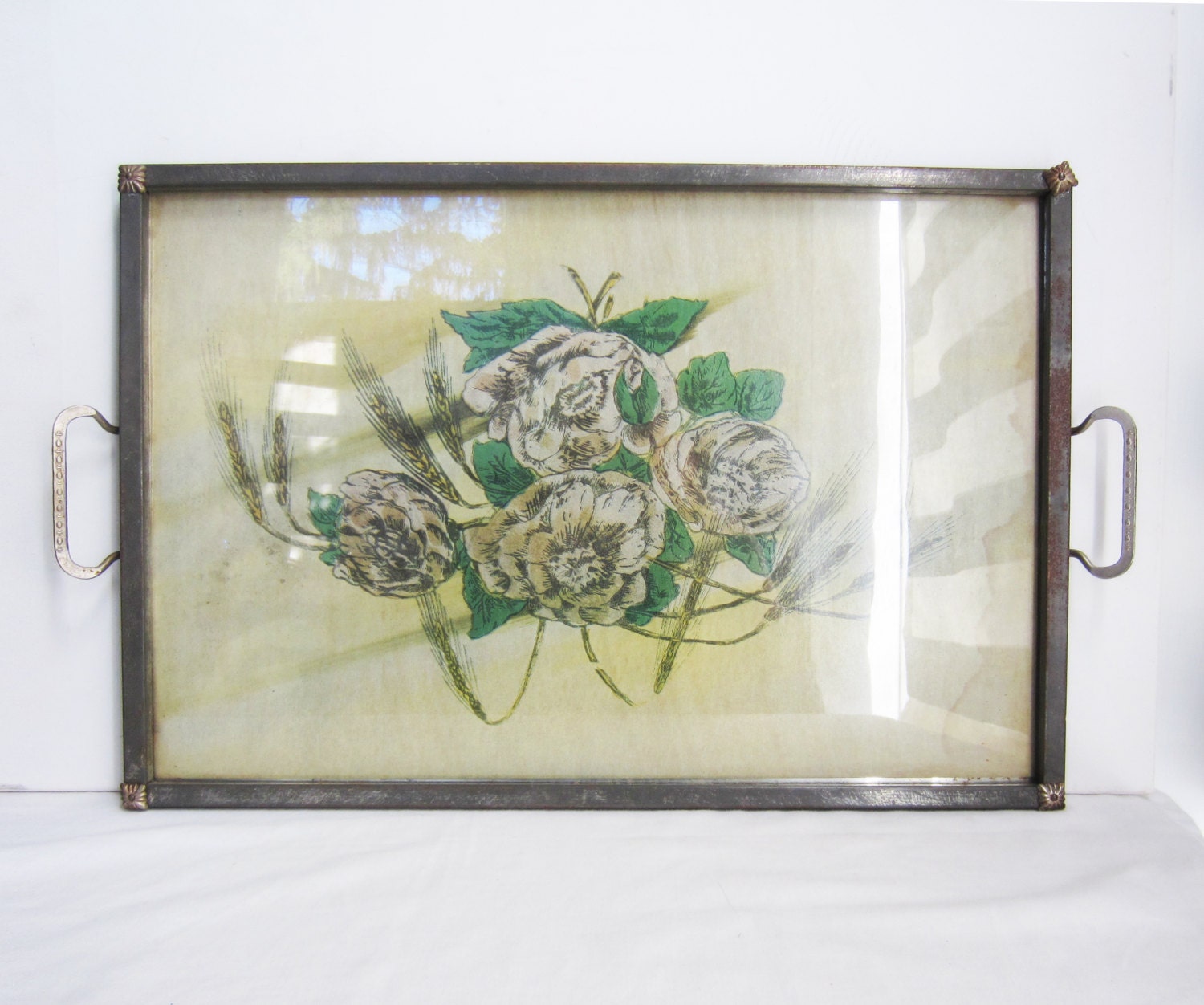 Large Handled Tray with Beautiful Yellow, Gray, Green Floral Lithograph
