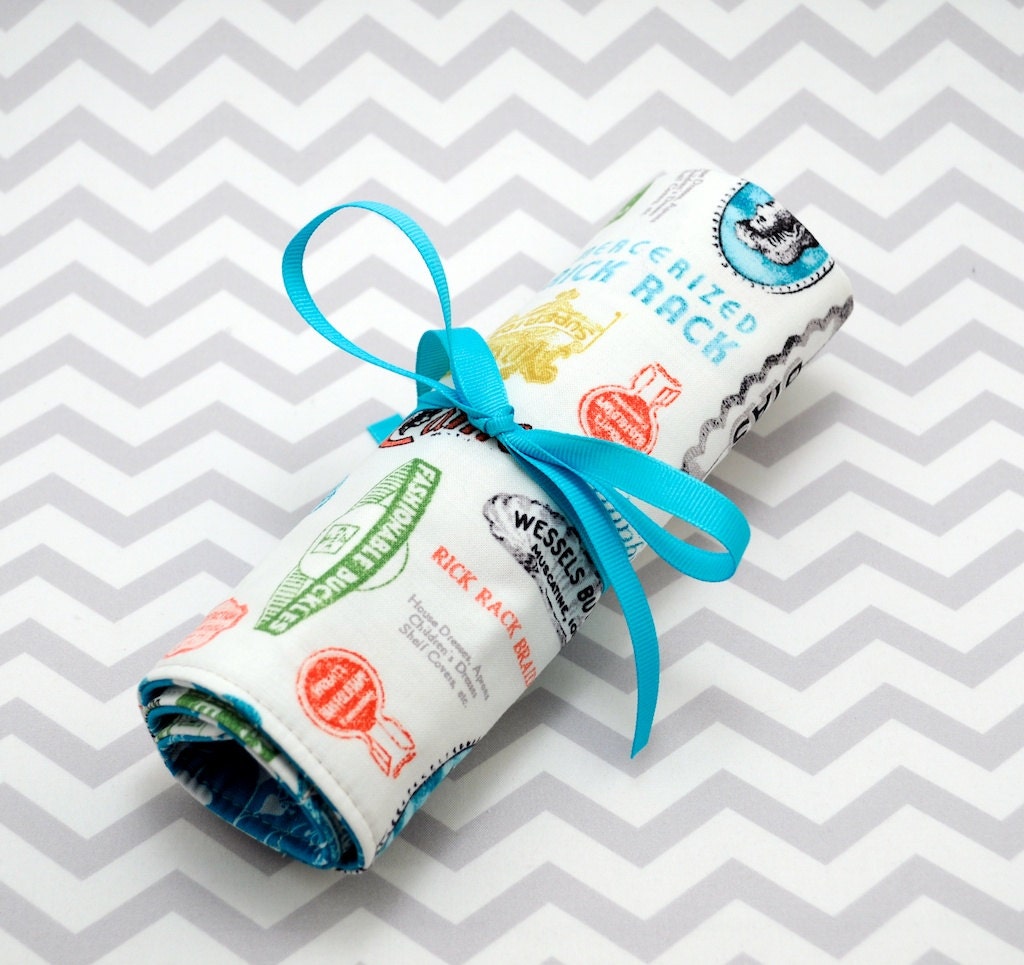 Makeup Brush Roll - Vinyl Lined - Turquoise, White and Pink Vintage Notions Cotton
