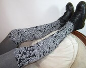 Thigh High Leg Warmers Sprakle Floral Paisley Knit Boot Sock Black Gray Silver A1083