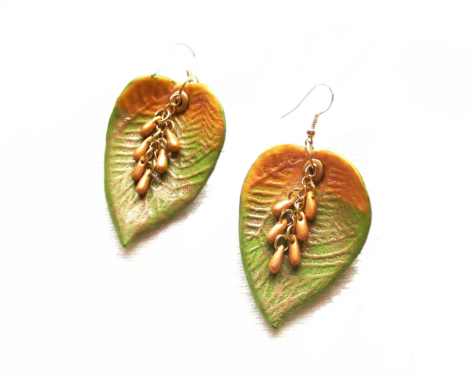 Large dangle leaf earrings with seeds polymer clay golden green and yellow ombre earrings carved effect unique