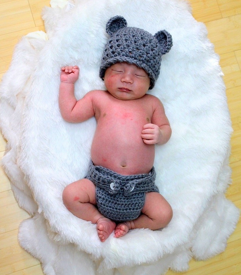 SALE - Crocheted Newborn Teddy Bear Baby Hat and Diaper Cover in Silver Grey - Photo Prop (Available in Different Color)