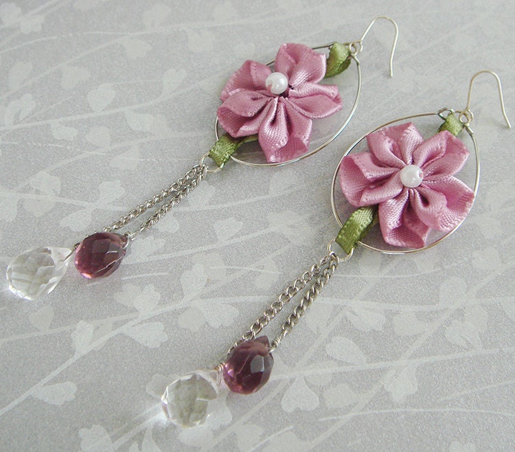 Spring Flower Ribbon Hoop Dangle Handmade Earring