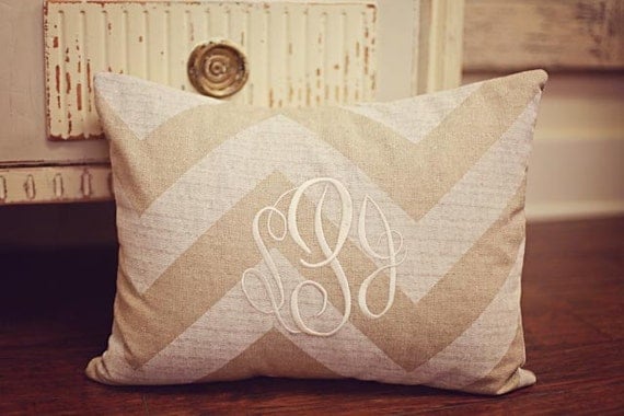 Monogrammed Neutral Chevron Print Throw Pillow-Medium Lumbar