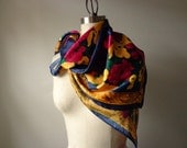Vintage Scarf 1980's Silk Charmeuse Damask navy Blue and Gold with Hot Pink Floral Large square