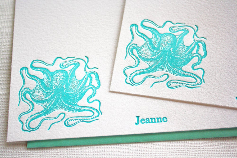 Personalized Letterpress Stationery Octopus Ocean Blue