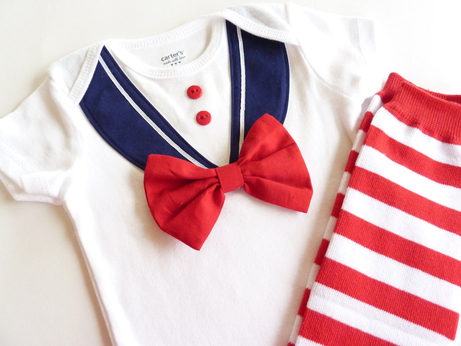 Adorable Nautical Sailor Boy or Girl Onesie with Removable Matching Bow Tie and Leg Warmers