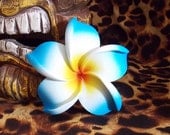 Blue Hawaiian Tiki Plumeria Flower Hair Clip, Rockabilly Pinup Hair Accessories