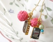 Rhinestone Pink Purple Earrings Dangle Statement Bib Fabric Spring Fashion Jewelry Hand Sewn Romantic Bridesmades Gold Colorful Accessories