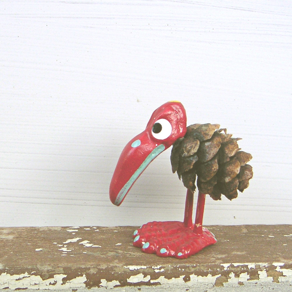 Miniature Pine Cone Bird Figurine Vintage Hand Painted - fifthseason