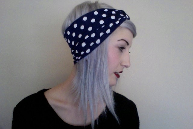 Navy blue and white POLKA DOT stretchy knit turban headband 40s rockabilly