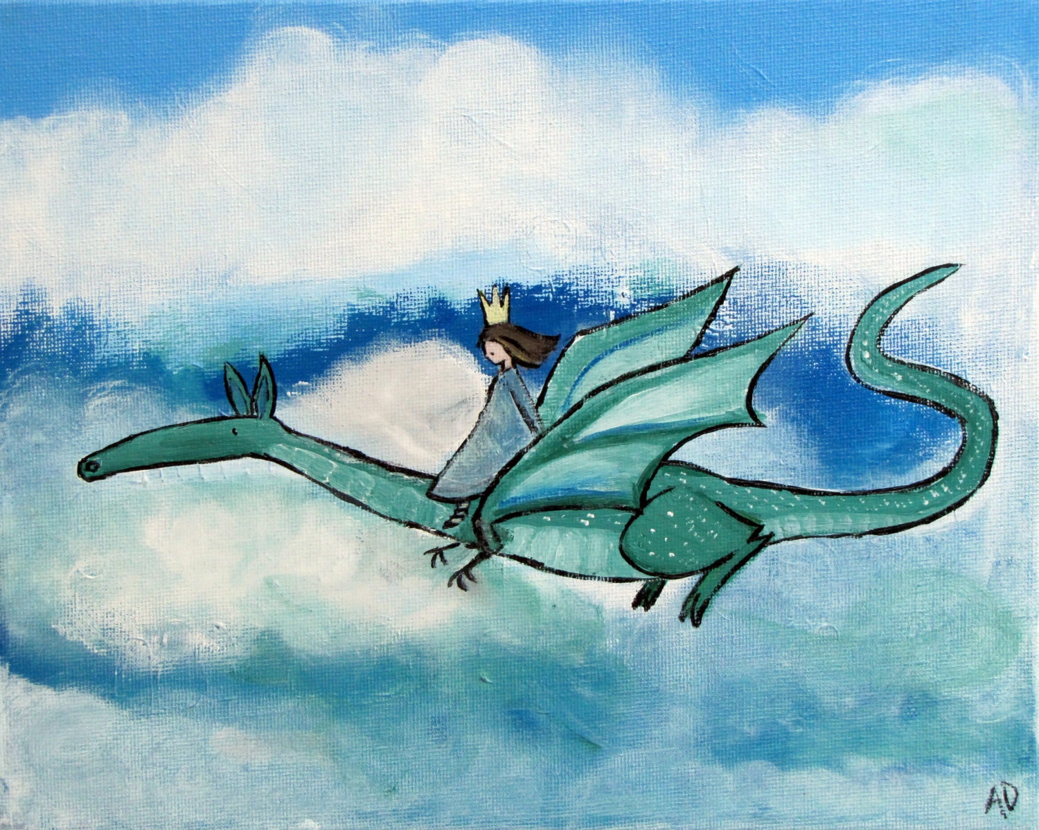 Dragon Wall Art, Fairy Tale Princess Nursery Illustration, Original Painting