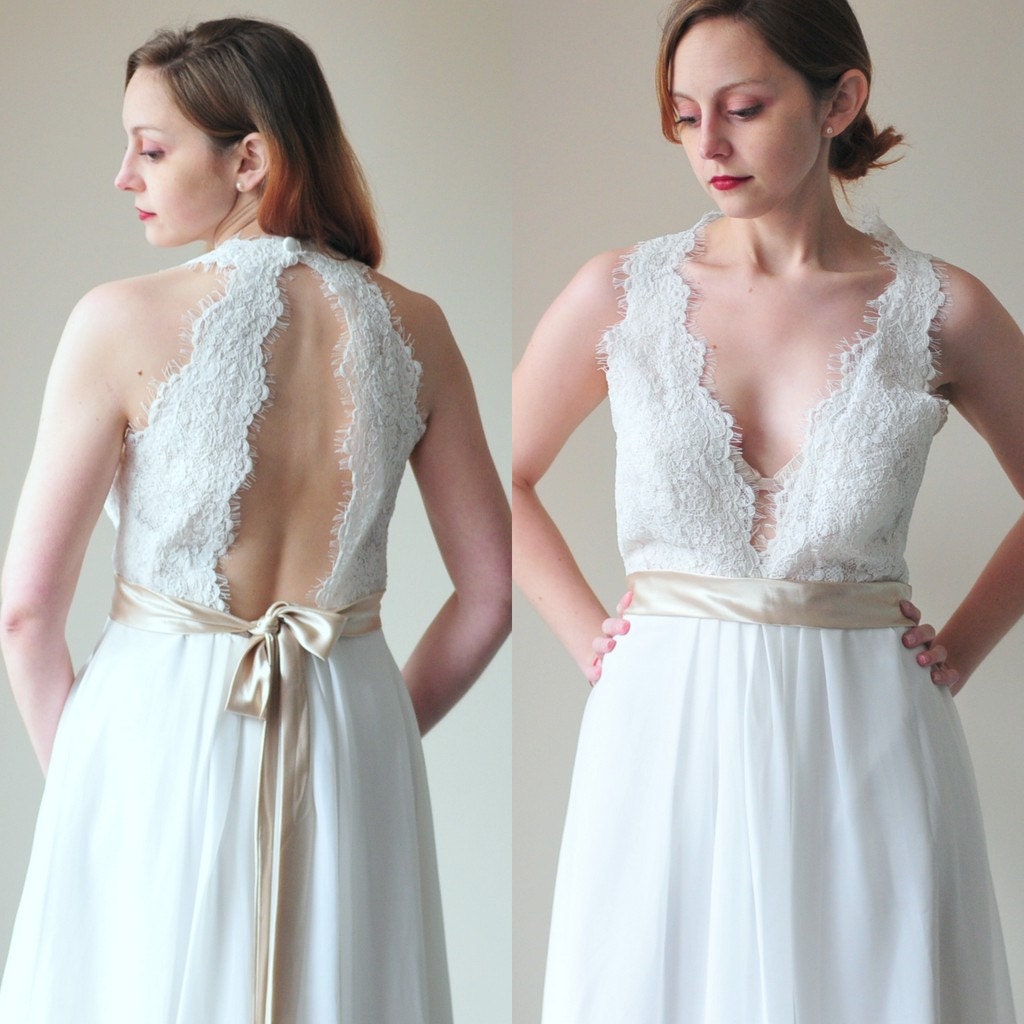 Barbara-Spring Summer Bride-Custom Knee length V neck Lace Chiffon Wedding Dress Gown