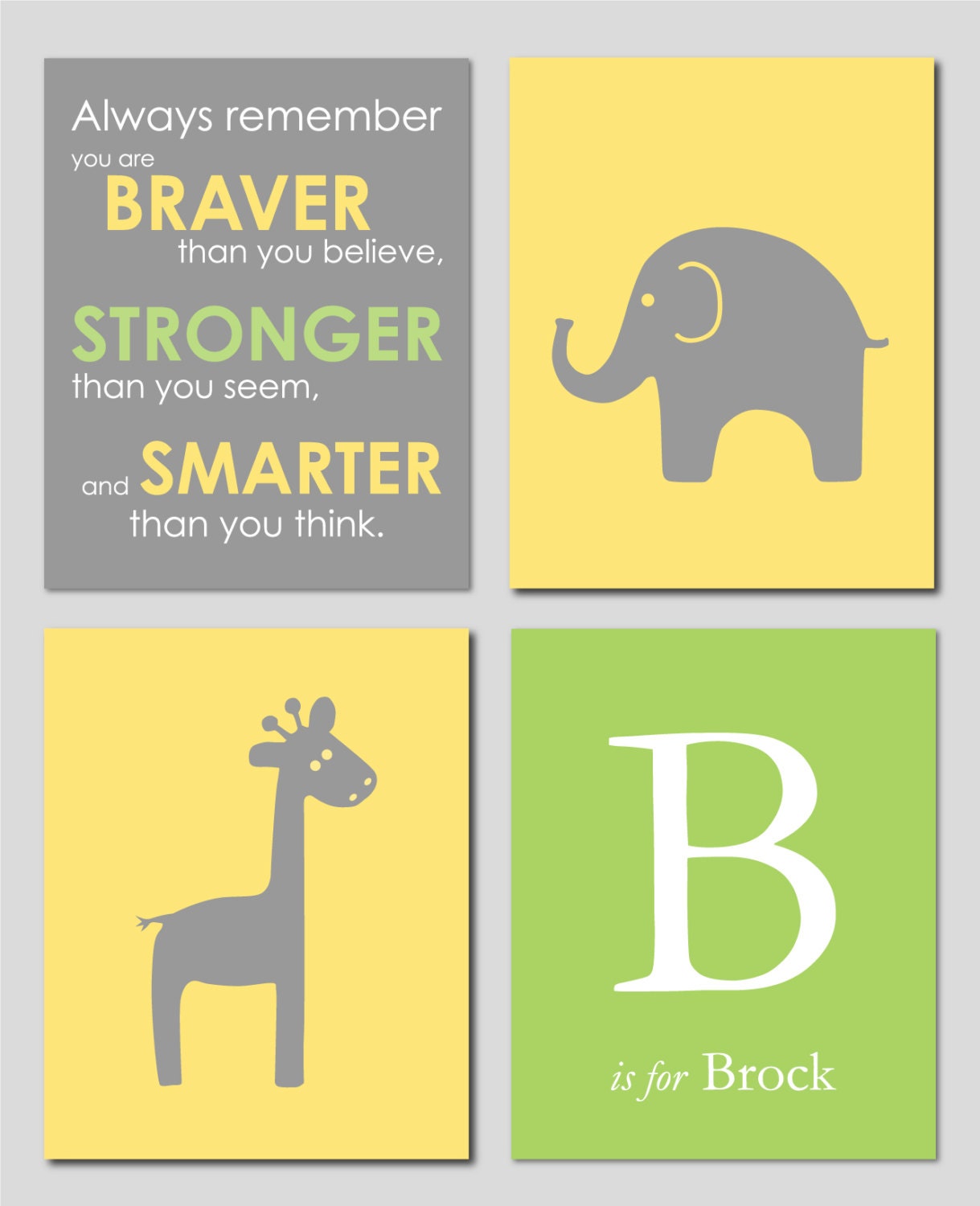 Yellow and Gray Modern Nursery Set - Always Remember You are Braver - Initial/Monogram - Elephant And Giraffe Prints - Set of four 8"x10"s