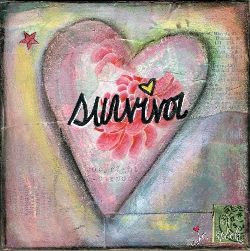 Mixed Media: Survivor Heart 8x8 print - Whimsical Art, Folk Art, Wall Art, Mixed Media art, Heart art, Survivor art, pink heart