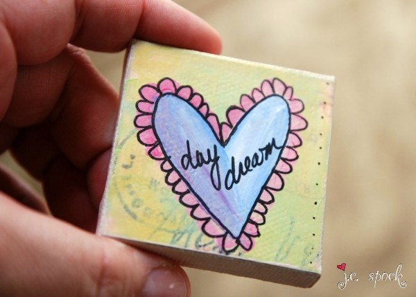 Mini Painting: Daydream Heart 2x2, original painting, mini original, heart painting, mixed media original, pink, blue, yellow
