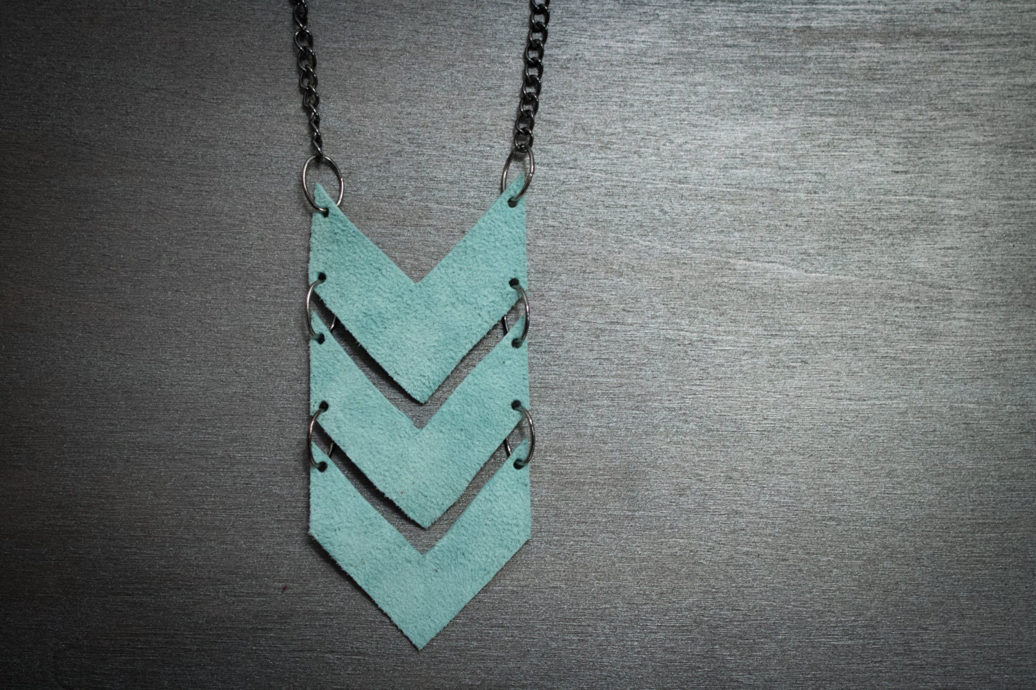 Scout leather chevron necklace  - Aqua and Gunmetal, genuine leather, tribal, military, chain, geometric, extra long