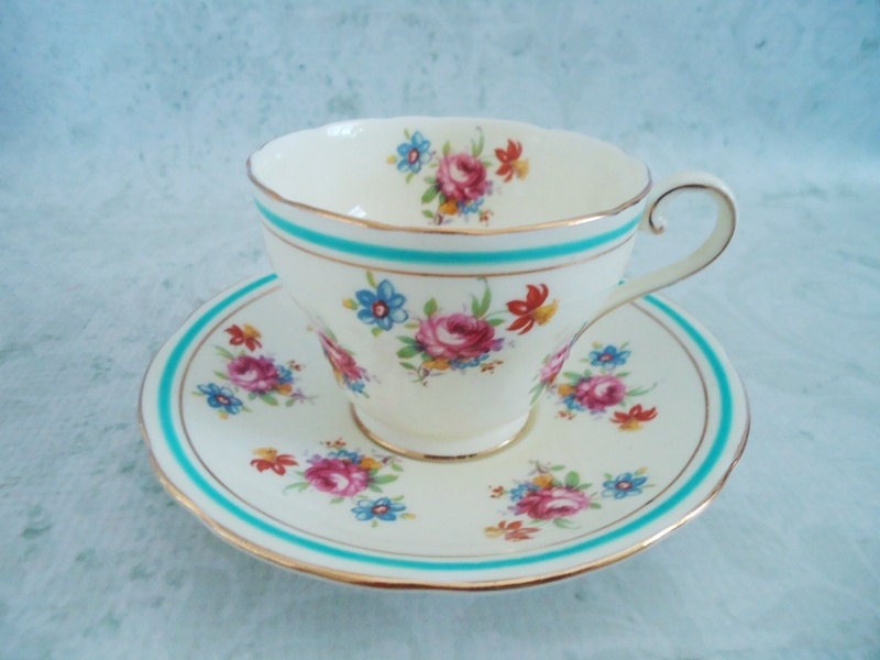 Aynsley Tea Cup and Saucer Set - Vintage Teacup and Saucer - Turquoise and Pink Teacup and Saucer Set