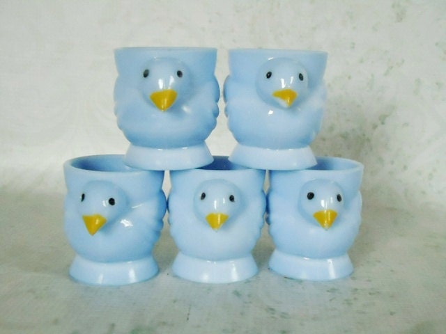 Blue Milk Glass Egg Cups - Vintage French Opaline Opalex Chick Egg Cups