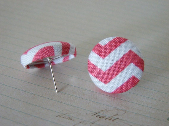 Chevron Fabric button earrings coral mint or navy and cream handmade designs and vintage treasures by studio346